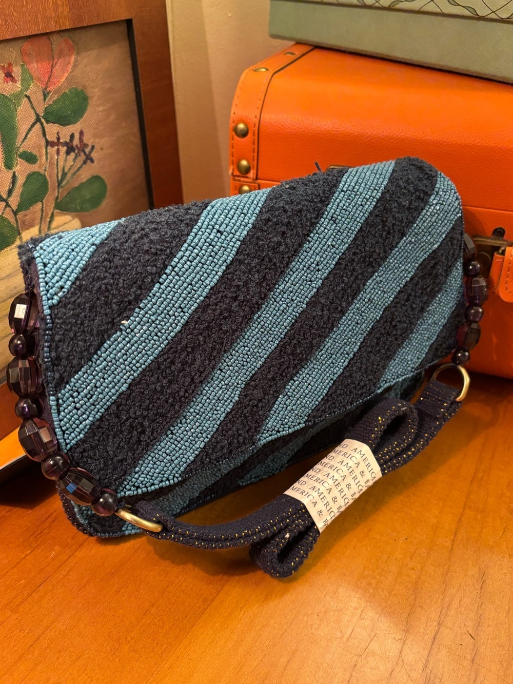 America & Beyond beaded textile shoulder bag or clutch BLUE NWT